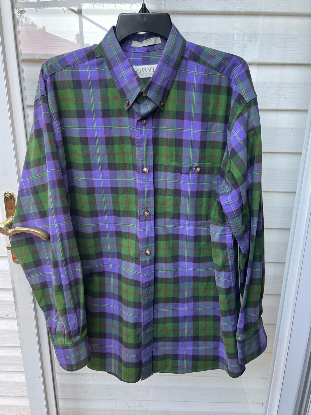 Orvis Men's Green & Purple Plaid Button-Down Shirt size L